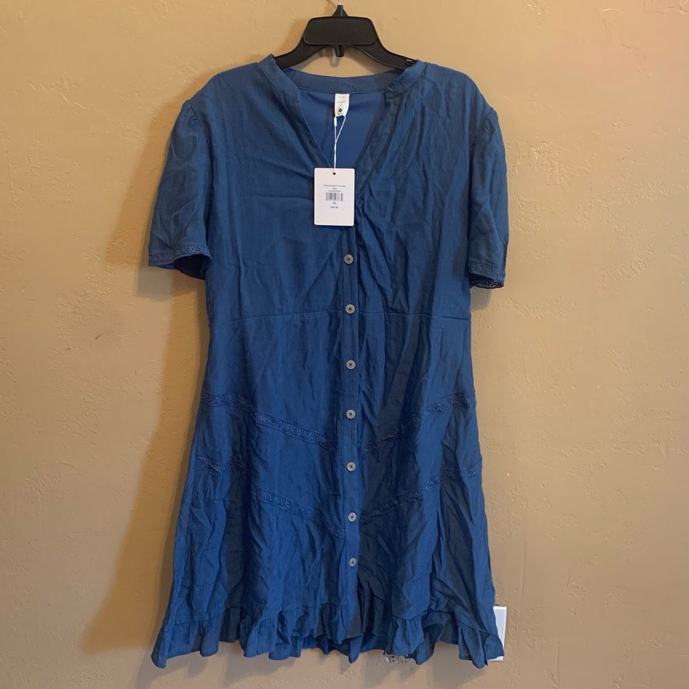 Monica lace trim blue dress button front modest size xl NWT